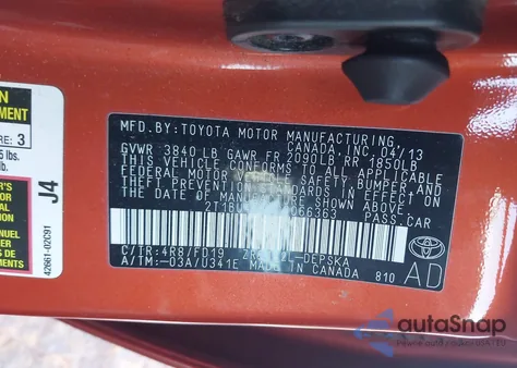 2013 Toyota Corolla S Special Edition z USA, uszkodzony, nr VIN 2T1BU4EE6DC066363